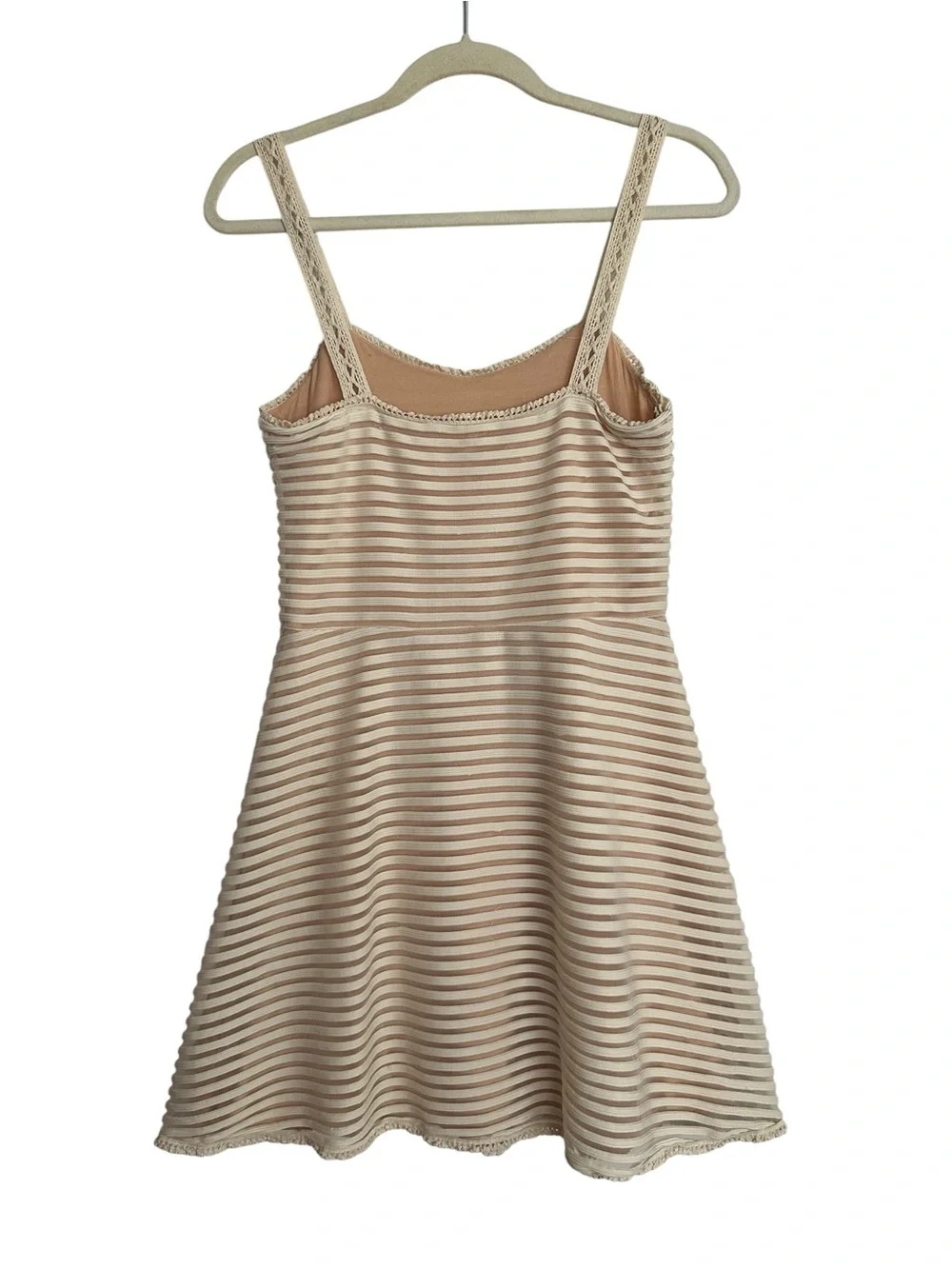 FREE PEOPLE Sheer Striped Crochet Trim Babydoll Dress Size M Beige Cream Mini